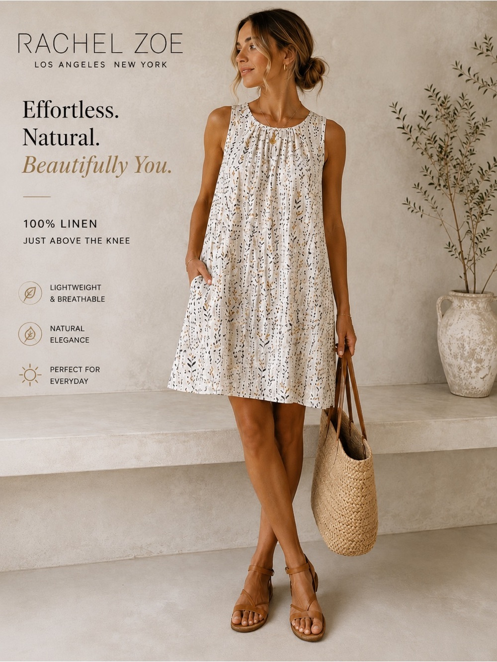 Rachel Zoe 100% Linen Shift Dress Small Cream Floral Sleeveless Summer Resort B2